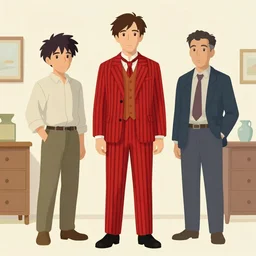 artwork by Michael Whelan, Bob Larkin and Tomer Hanuka, of a solo individual portrait of Joseph Gordon-Levitt wearing a 1920s red striped outfit, barbershop quartet costume, dapper, from scene from Twin Peaks, simple illustration, domestic, nostalgic, from scene from Twin Peaks, clean,  full of details, by Makoto Shinkai and thomas kinkade, Matte painting, trending on artstation and unreal engine