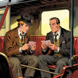 inside a wagon Phileas Fogg and Detective Fix playing cards, richard corben style