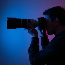 silhouette of a photographer taking a picture. close up. telephoto lens. blue and red lighting. studio