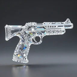 transparent diamond gun shaped crystal sculpture with ornate crystal glass elements reflecting rainbows patterns in the shape of a glass diamond gun by jack storms, octane render, 4 k, intricate, detailed, 3 d
