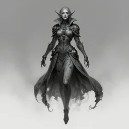 female revenant, undead, grey tarnished longcoat, vengeful, floating, no legs, tendrils, high fantasy, steampunk, monochromatic, detailed face, highly detailed, smooth, shrap focus, matte digital illustration, by koyorin, donato giancola, pixiv