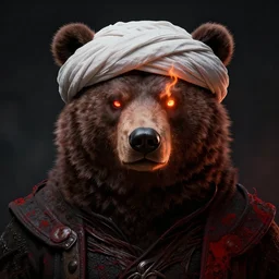portrait of a bear beast - man wearing a turban, with fire in his eyes, wear bloodborne, concept art trending on artstation photorealistic image 8 k