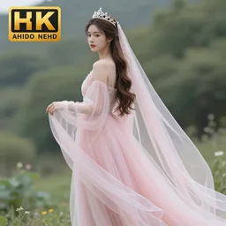 ethereal princess with a long flowing pink sheer gown, beautiful veil, long brown hair, silver crown upon her head, nature, picturesque, 8k, sfumato, uhd