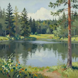a lake surrounded by pine trees painted by Bob Ross