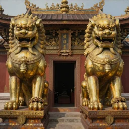 beautiful painting of a temple, giant symmetrical brass lions, entrance, paper texture, detailed, ornate, rust, metal rivets