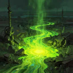 radioactive wasteland, spilled green - yellow toxic waste emits vibrant light, by rembrandt and wlop, intricate, detailed, photorealistic imagery, artstation
