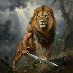 muscular lion as barbarian hunter with sword  , very textured detailed oil painting panoramic 4k hires detailed portrait by rembrandt,  dramatic clouds, thunder in the foggy jungle  ,sun rays through trees