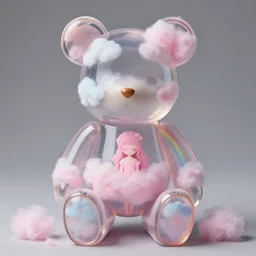 a teddy bear with transparent skin painted by Mike Winkelmann, fluffy clouds, pink girl, cotton candy, dreamy soft, rainbow