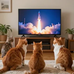 1 9 8 0's color photo, living room, 5 ginger cats watching rocket lift - off on television screen