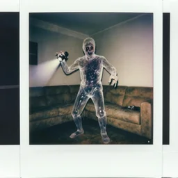 transparent horror monster polaroid living room interior photo, dynamic pose, full body shot, sharp focus, grainy, corpse, paranormal flashlight