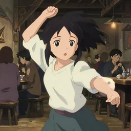 anime visual, portrait of a young female in a busy medieval tavern interior, cute face by ilya kuvshinov, yoh yoshinari, makoto shinkai, dynamic pose, dynamic perspective, cel shaded, flat cel shading mucha, rounded eyes, moody, dramatic