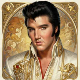 Elvis Presley, closeup, D&D, fantasy, intricate, elegant, highly detailed, digital painting, artstation, concept art, matte, sharp focus, illustration, hearthstone, art by Artgerm and Greg Rutkowski and Alphonse Mucha
