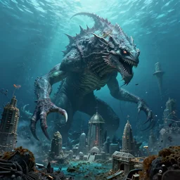 a giant lovecraftian sea creature destroying an underwater city by beksinski