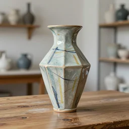beautiful ceramics studio photograph of a tall geometric symmetrical stoneware vase glazed by jackson pollock placed on a polished wooden table, hyperrealism 8 k trending on artstation