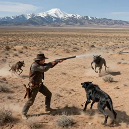 an ultradetailed image of sam winchester as an old west gunfighter shooting at a charging wendigo, ultrawide lens, aerial photography, desert landscape with snowy mountains in the far background, masterpiece, 8 k, art by greg rutkowski and albert bierstadt