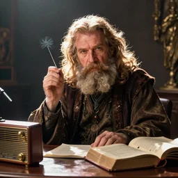 wizard, bearded man, radio equipment, desk, tome, by Ed Binkley
