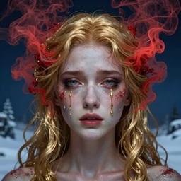 crying symmetrical face of gorgeous goddess with golden locks made of red smoke and ash with golden tears, art by zdzisław beksinski, deep eyes, dark blue atmosphere, snow landscape background, concept art, artstation, art by anato finnstark