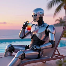 robocop sipping a cocktail on a pool side lounger at sunset. neon vapourwave style. hiroshi nagai. trending on artstation. 8 k. award winning. soothing.