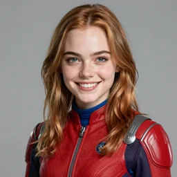 smiling teenage emma stone in red futuristic jumpsuit with blue collar, portrait, highly detailed, starwars, trending on artstation, characterdesign, sharp focus, illustration, digital matte painting, art by greg rutkowski