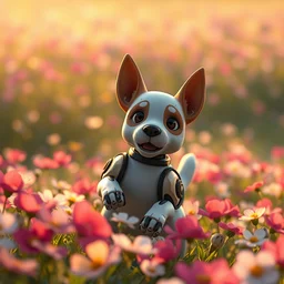 a wholesome animation key shot of a robot dog playing in a field of flowers by studio ghibli, animation, sharp, rendered in unreal engine 5, focused, anime key art by greg rutkowski, bloom, dramatic lighting