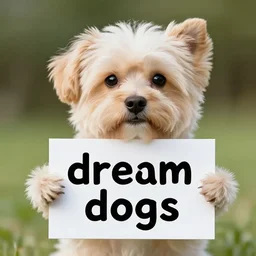 realistic high quality photo of a cute dog holding a sign with text that reads : dream dogs