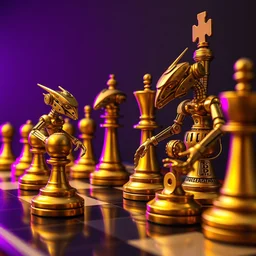photo of a chess game steampunk style, the chesspieces are golden robots, low angle, purple light from the left side, 1 8 mm, hyperrealistic, very detailed