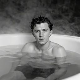 photographic portrait by Annie Leibovitz of Tom Holland in a hot tub, foggy, black and white, moody, sigma 85mm f/1.4, 15mm, 35mm, 4k, high resolution, 4k, 8k, hd, full color