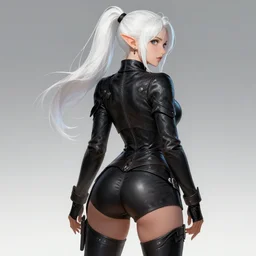 backveiw picture of elf rogue, female, white skin, ponytails, skintight leather clothes, curves, short coat, visible hips, face details, extremely detailed, smooth, sharp focus, digital illustration, by artgerm, rossdraws, sakimichan