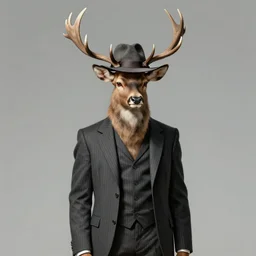 a upper body portrait of a deer lord in a pinstriped suit and pants wearing a fedora with the antlers sticking out of the fedora by artgerm and wlop, intricate detail, digital art, photorealistic, trending on artstation