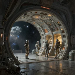 an extremely detailed masterpiece epic color scene of the inside of a cavernous spaceship extraterrestrial pilots an opened hanger door and space in background, in the style of greg rutkowski and frank paul lehr and lebbeus woods, intricate, elegant, highly detailed, digital painting, artstation, cinematic lighting, extremely moody lighting, glowing light and shadow, 4 k