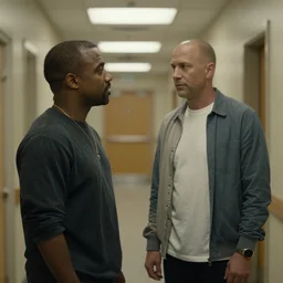 a frame the movie andromeda strain, starring kanye west, hallway scene, panning shot, in focus