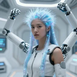 beautiful futuristic himba girl in a white space station, robotic arms, optical fiber hair, hyperrealistic, sci - fi