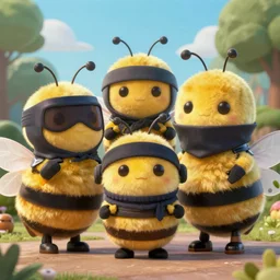 a super cute team of bees wearing ninja gear, hyperrealistic, digital art, 4 k