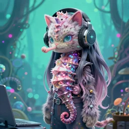 cat seahorse fursona wearing headphones, autistic bisexual graphic designer, long haired attractive androgynous humanoid, coherent detailed character design, weirdcore voidpunk digital art, furaffinity, cgsociety, trending on deviantart