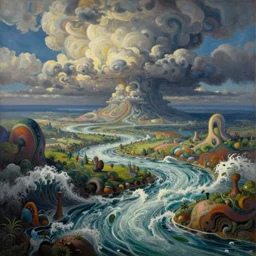 Psychedelic sci-fi dreamworld. Landscape painting. Organic. Winding rushing water. Waves. Clouds. Landscape by Alex Katz.