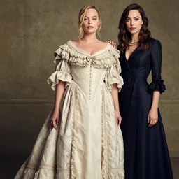 fashion editorial of actress Margot Robbie wearing a beautiful Victorian era dress by Sandy Powell and her friend Gal Gadot wearing Haider Ackerman, photographed in the style of Annie Leibovitz