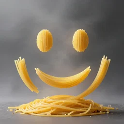 smiling face made of spaghetti. foggy background. professional studio photography.