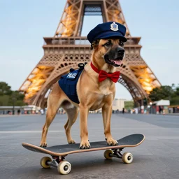 police dog with a red bowtie on a skateboard in Paris , award winning photograph , 4k , HD