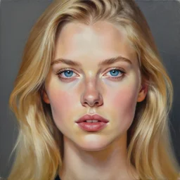 a painting of a blonde woman with blue eyes, a photorealistic painting by mandy jurgens, trending on artstation, photorealism, detailed painting, behance hd, hyper realism