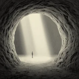 cave with light rays by dan mumford and peter doig and edward hopper, symmetrical, minimal, black ink, thick lines highly detailed, muted colours 8 k