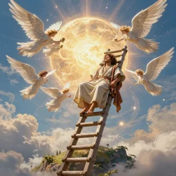 intricate details of bible character jacob sleeping dreaming about a ladder that stretched from earth to heaven with angels going up and down, hyper realistic, ultra detail, octane render, cinematic, vivid, vibrant, artstation