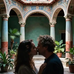 out of focus, head to shoulders kiss, photography by saul leiter and ernst haas in a decorated pompeii peristylium, plants, tea green, airforce blue, red