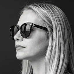 woman with straight blond hair wearing sunglasses, close - up, reflective sunglasses, award winning monochrome profile photography
