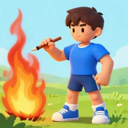 a muscular kid wearing a blue shirt with tennis shoes, painting, in a field on fire