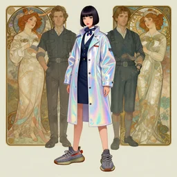 an illustration of a futuristic stewardess girl wearing yeezy 5 0 0 sneakers and an holographic anorak designed by balenciaga by john berkey by stanley artgerm lau, greg rutkowski, thomas kinkade, alphonse mucha, loish, norman rockwell