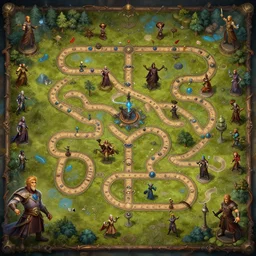 a detailed award - winning game board with a long winding path, realistic painting, very detailed, fantasy, dnd, character design, trending on artstation, top view