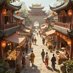an opulent chinese style game scene cg design, ancient lively bazaar street ， full of details, matte painting, concept art, smooth ， trending on cgsociety and blender ， unreal engine ， 8 khdr ， light effect ， rtx on ， - h 6 4 0