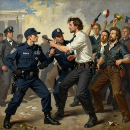 american police attacking french revolution, socialist realism painting, by jakub rozalski artgerm and greg rukowsky highly detailed