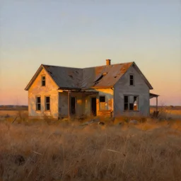 an abandoned house in a dry grass field at sunset, impressionist painting, oil on canvas, golden hour, beautiful lighting