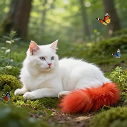 white cat with fluffy red tail like fox tail lying with butterflies at sunny forest, high detailed, hyper realistic, photorealistic, ray tracing, ivan aivazovsky